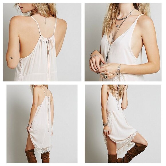 Free People White Lace Trim Asymmetrical Boho Cottagecore Relaxed Slip Dress - Picture 13 of 14